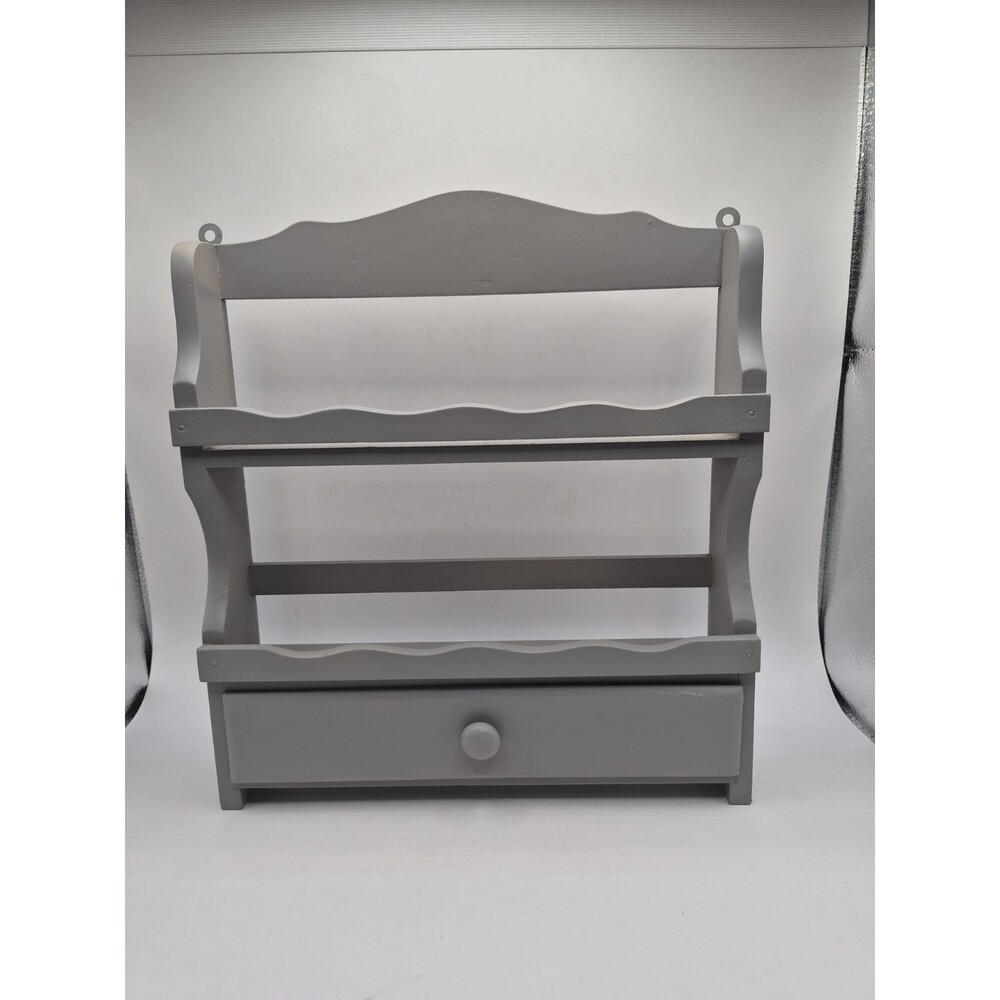 Vintage Two Tiered Spice Rack Trinket Wall Shelf Gray With Drawer Farmhouse Deco